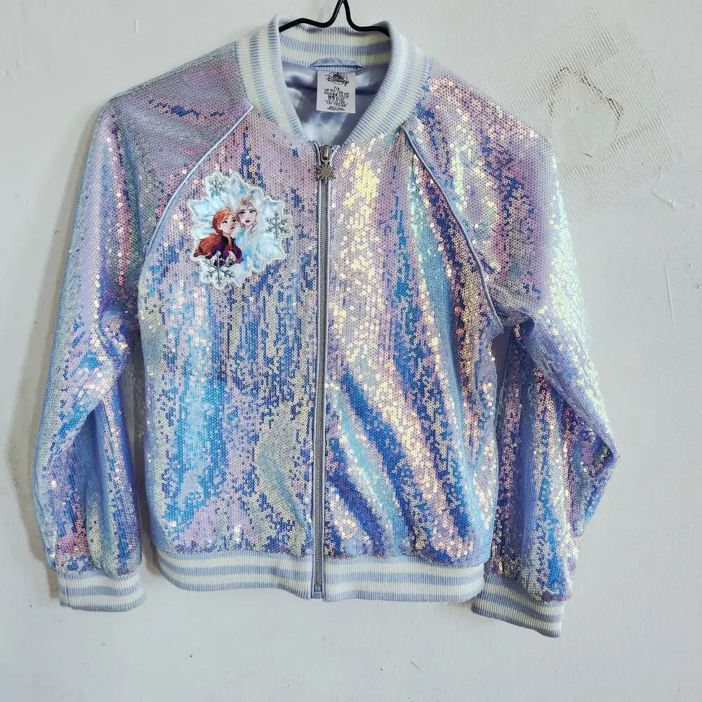 Disney Girls Sz 7/8 Frozen Elsa & Anna Varsity Jacket Silver Glimmer Sequins